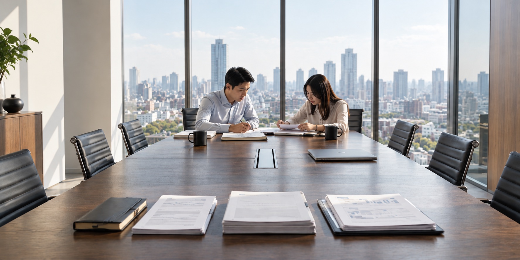 A long boardroom table running toward a wall of windows above the city